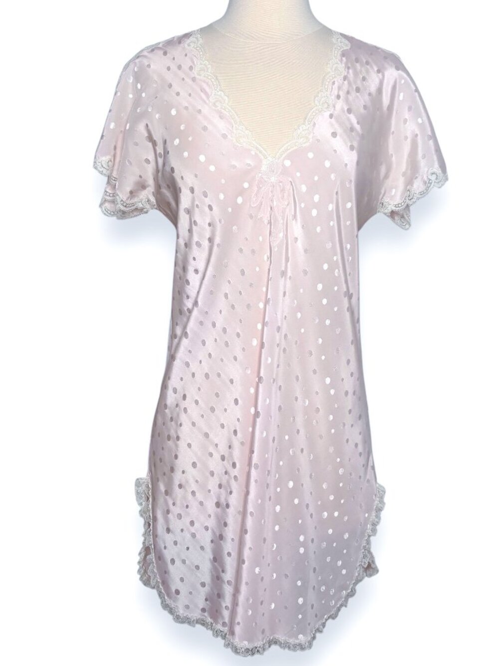 Christian Dior Light Pink Satin Polka Dot Chemise Nightgown Lace Trim Lingerie L